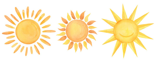 Sun - Sunshine with rays watercolor hand painted on isolated and transparent background  - 606434098
