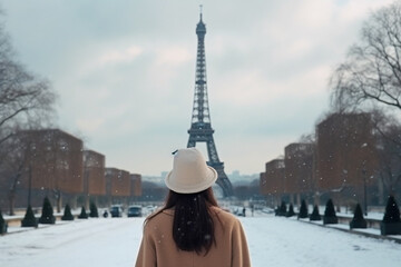 rearview Woman walking to the Eiffel tower with snow