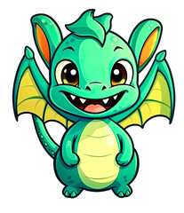 Cute green dragon sticker, cartoon style, isolated illlustration. Little baby dragon with small wings, smiling