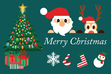 merry christmas happy festival with vector christmas tree santa claus leindeer and snow statues