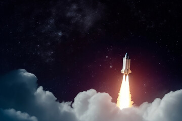 Fototapeta premium Rocket lift off into space, Spaceship launch with smoke on the starry sky, Space and travel wallpaper, Copy space for design and text