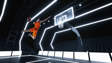 Fototapeta na wymiar Dynamic image of young male sportsman, man in uniform jumping with ball near backet at 3D basketball arena, court. Concept of professional sport, competition, action, competition, game