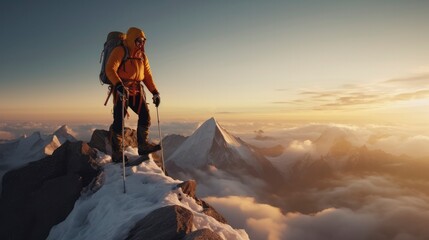 Alpinist at the top of a mountain. Generative AI