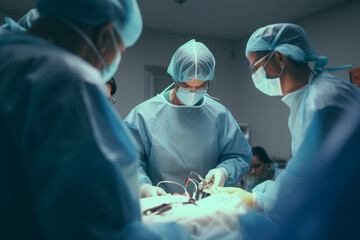 Team of unrecognizable surgeon doctors are performing heart operation for patient from organ donor to save more life in emergency surgical room - obrazy, fototapety, plakaty