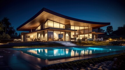 Evening view of a modern large house with swimming pool . Generative AI
