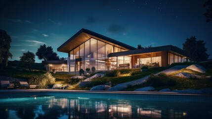 Fototapeta na wymiar Evening view of a modern beautiful house with swimming pool . Generative AI