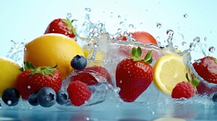 Fresh multi fruits splashing into blue clear water splash. Generative AI