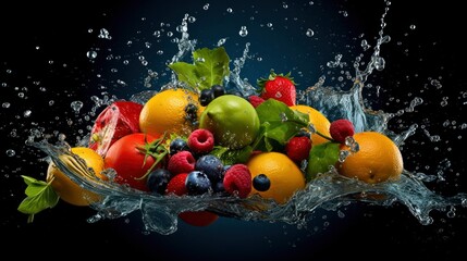 Fototapeta na wymiar Black background with assortment of fresh fruits and water splashes.. Generative AI