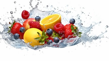 White background with assortment of fresh fruits and water splashes.. Generative AI