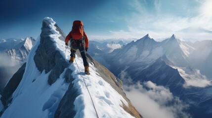 Climber balancing in blizzard on a narrow mountain ridge. Generative AI