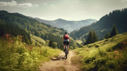 Fototapeta na wymiar Woman cycling MTB flow trail track. Generative AI