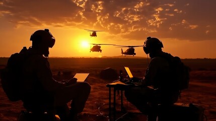 Fototapeta na wymiar Silhouettes of soldiers are using laptop during military operation. Generative AI