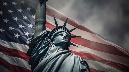 Statue of Liberty on the background of the American flag. Generative AI