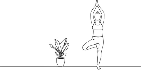 continuous single line drawing of woman in yoga tree pose, line art vector illustration