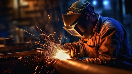 Skilled worker in protective mask welds metal part at plant. Generative AI