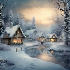 Beautiful evening winter village landscape with snow covered house. Generative AI. Generative AI