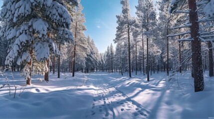Winter snowy day in a beautiful forest. Generative AI