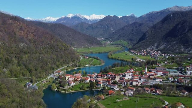 Aerial view of Most na Soci Town by Soca River in Slovenia