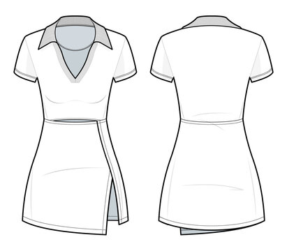 Cutout Tennis Polo Dress flat technical fashion illustration. Polo Dress fashion flat technical drawing template, front view, back view, white color, women's, CAD mockup
