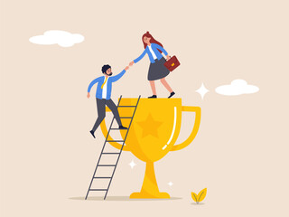 Teamwork concept. Partnership help success, support or mentor to assist to achieve goal and win together, trust or leadership, businesswoman help colleagues to climb up ladder step on winning trophy. - obrazy, fototapety, plakaty