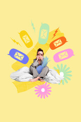 Colorful painting poster banner collage of annoyed girl no sleeping work notification letters...
