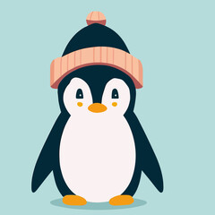 Cool cute little penguin with beanie - flat vector art