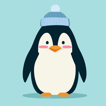 Cool cute little penguin with beanie - flat vector art