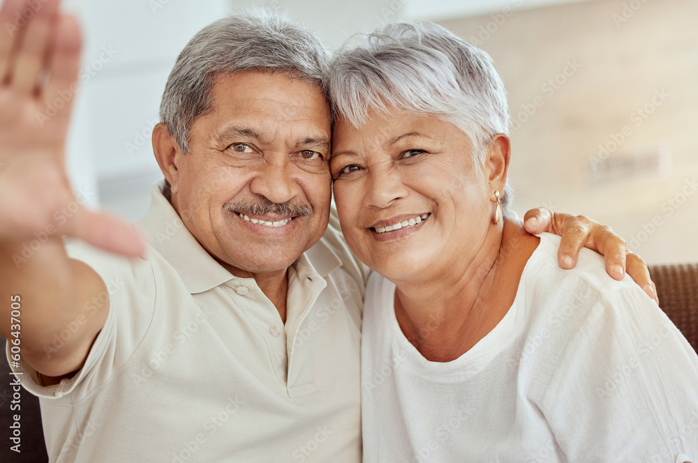 Sticker Senior couple, smile and sofa for selfie with happiness, hand and photography for blog, post or portrait in home. Elderly man, old woman and happy with smile, social media app and profile picture