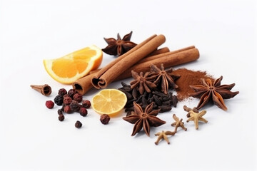 Obraz na płótnie Canvas Spice isolate, a set of spices for mulled wine, anise cinnamon and cloves on a white table, spices for making a winter drink on a white background