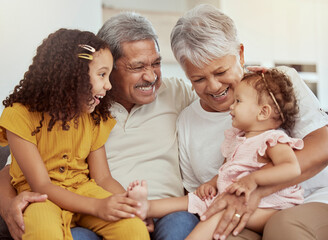 Home, grandparents and family with children and happiness on a living room couch. Fun, baby smile...