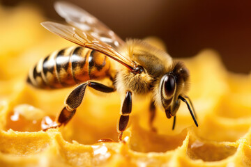 Detailed macro image of a bee collecting honey in a beehive, Generative AI
