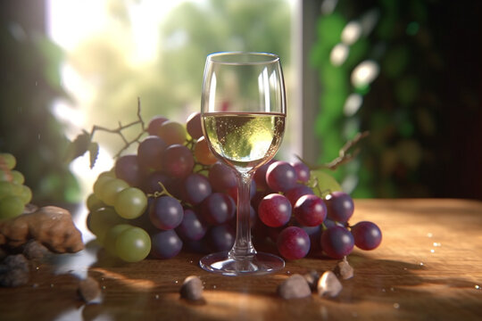 Grapes and a glass of Grapes juice on a table, Generative AI	

