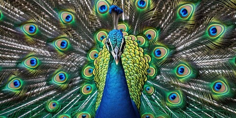 Obraz premium A peacock fanning its feathers, representing pride and beauty, concept of Display of grandeur, created with Generative AI technology