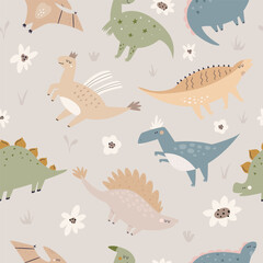 Hand drawn seamless pattern with cute and funny dinosaurs