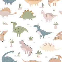 Fototapeta na wymiar Hand drawn seamless pattern with cute and funny dinosaurs