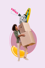 Poster banner collage of courier guy hold carry paper box order buying on summer season bargain...
