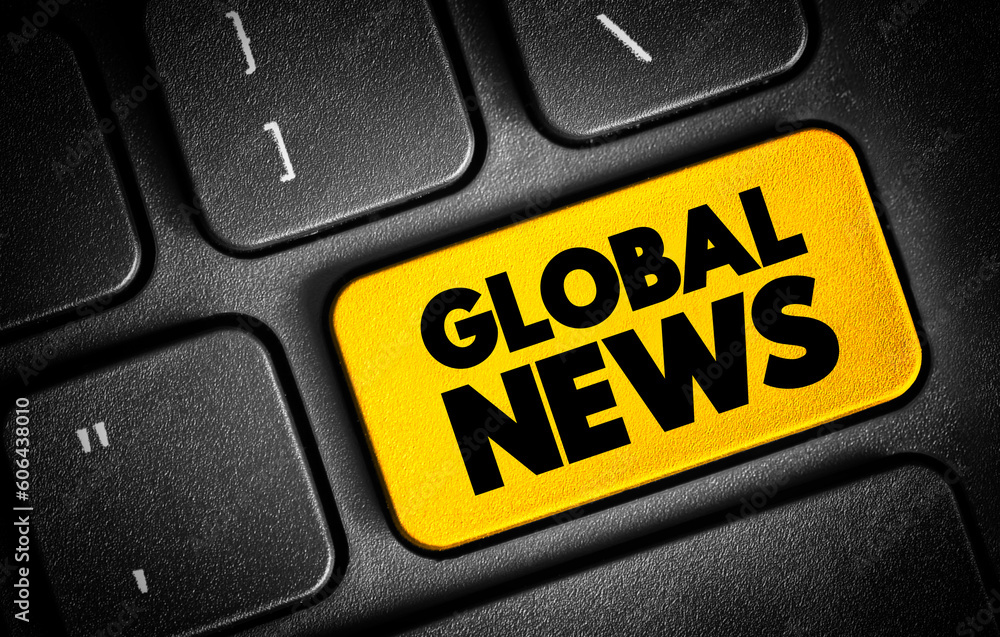 Poster global news text button on keyboard, concept background