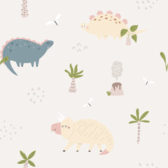 Hand drawn seamless pattern with cute and funny dinosaurs