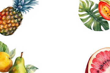 Tropical summer watercolor banner with fruits and plants