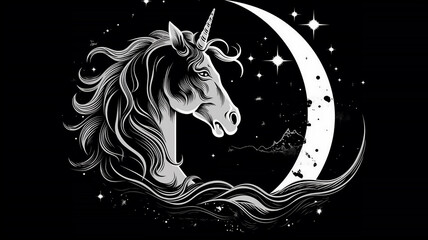 Obraz na płótnie Canvas Silhouette of unicorn with crescent moon and stars, print or tattoo art, illustration, generative AI tools 