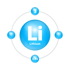 Lithium (Li) Icon structure chemical element round shape circle light blue with surround ring. Period number shows of energy levels of electron. Study science for education. 3D Illustration vector.