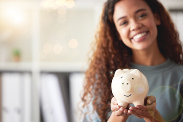 Piggy bank, savings and closeup of a woman with cash for future investment, budget or wealth. Investing, accounting and female person with coins in a money box for profit growth or financial freedom.