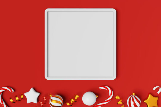 Christmas photo frame mockup ornaments candy cane shiny ribbons 3D rendering red background. New year lollipop caramel stick Festive Xmas designer picture template copy space. Winter seasonal flat lay