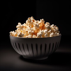 cheese popcorn beautifully arranged in a white porcelain bowl on a minimalistic black background