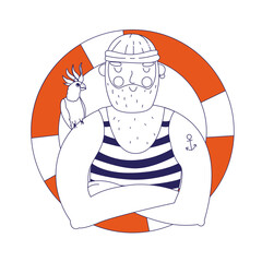 Sailor with parrot on the background of a life ring. doodle-style illustration. vector