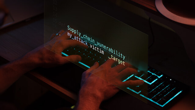 Supply chain attack vulnerability in text ascii art style, code on editor screen.