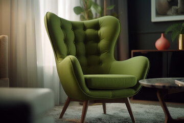 Modern green accent armchair in contemporary living room, Generative A