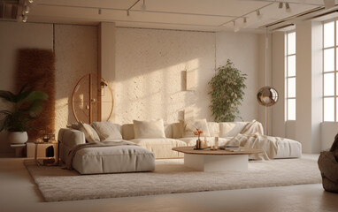 Ivory and beige living room with textured walls and soft lighting, Generative AI	
