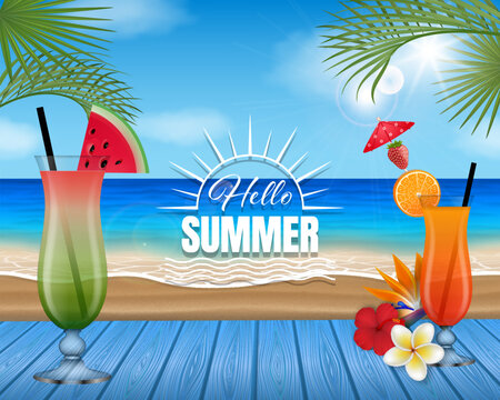 summer background with cocktails on blue wooden table. summer cocktails on beach landscape