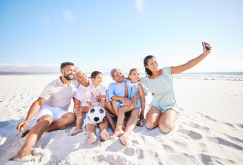 Family relax on beach sand, selfie and generations, tropical vacation in Mexico with travel and...